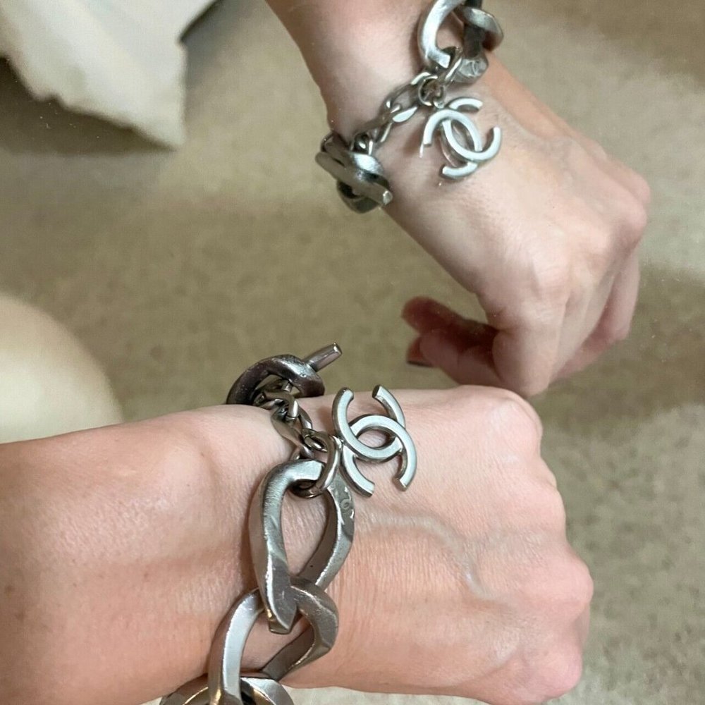 CHANEL Chain Link CC Bracelet Two-Tone Silver Brashed